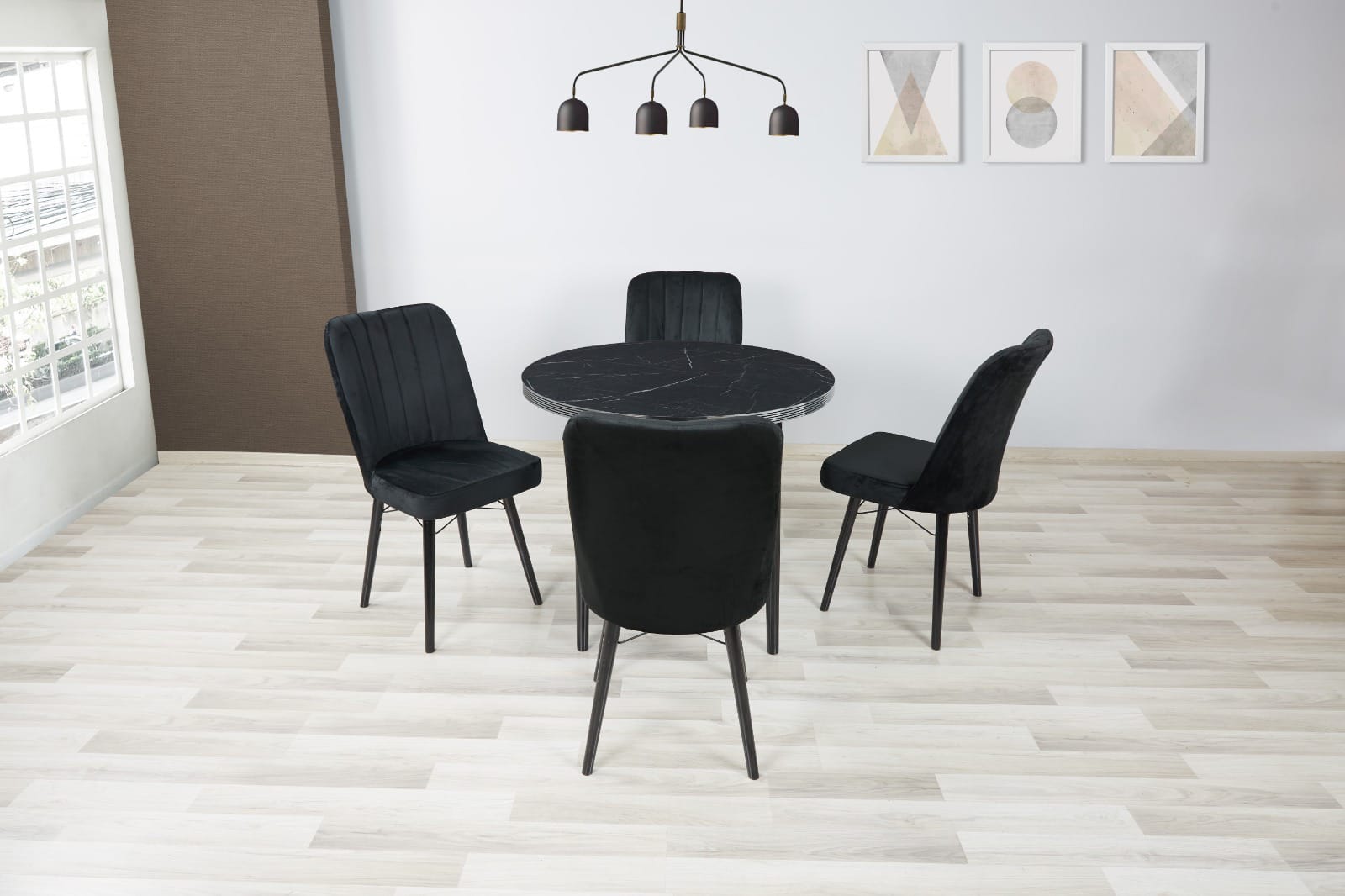 Turkish round marble dining table with 4 plush velvet chairs