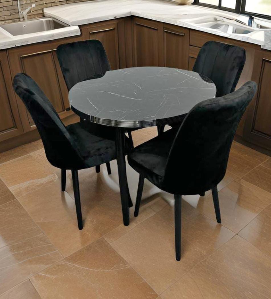 Turkish round marble dining table with 4 plush velvet chairs